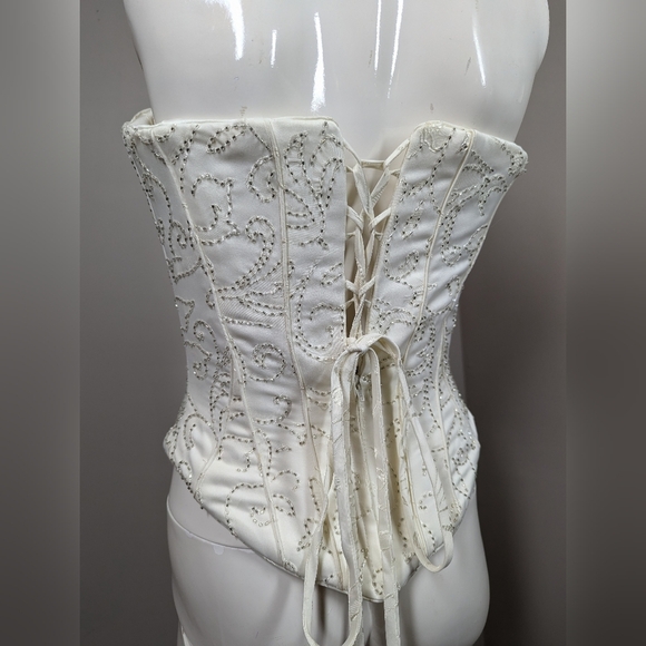 Bonny White Beaded Corset Top Size 2 Strapless Bustier Boned Zip & Lace Up - Picture 6 of 9
